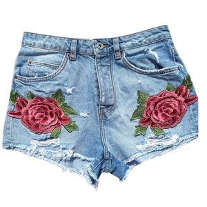 Zara TRF Floral Embroidered Cotton Denim Shorts Blue High Rise Size 4
